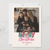 Photo Retro Santa Merry Christmas Coquette Bow シーズンカード (正面)