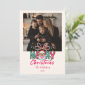 Photo Retro Santa Merry Christmas Coquette Bow シーズンカード (スタンド正面)