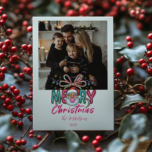 Photo Retro Santa Merry Christmas Coquette Bow シーズンカード