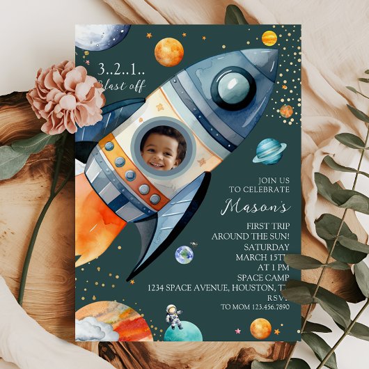 Photo Rocket First Trip Around the Sun Space B-day 招待状