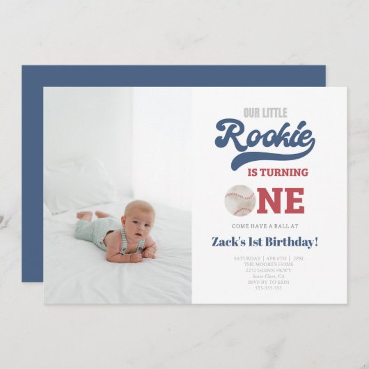 Photo Rookie Baseball Boys 1st誕生日 招待状 (正面/裏面)
