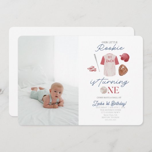Photo Rookie Baseball Uniform Boys 1st誕生日 招待状 (正面/裏面)