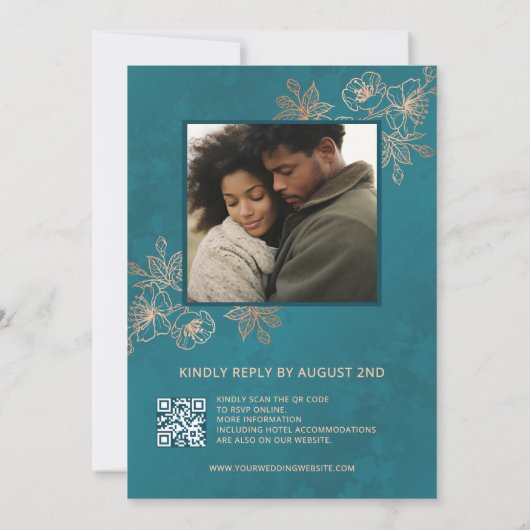 Photo Rose Gold Teal Wedding 招待状 (裏面)