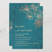 Photo Rose Gold Teal Wedding 招待状 (正面/裏面)