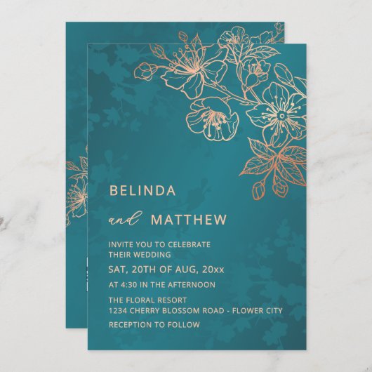 Photo Rose Gold Teal Wedding 招待状 (正面/裏面)