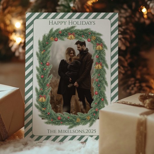Photo Rustic Evergreen Bell Christmas シーズンカード