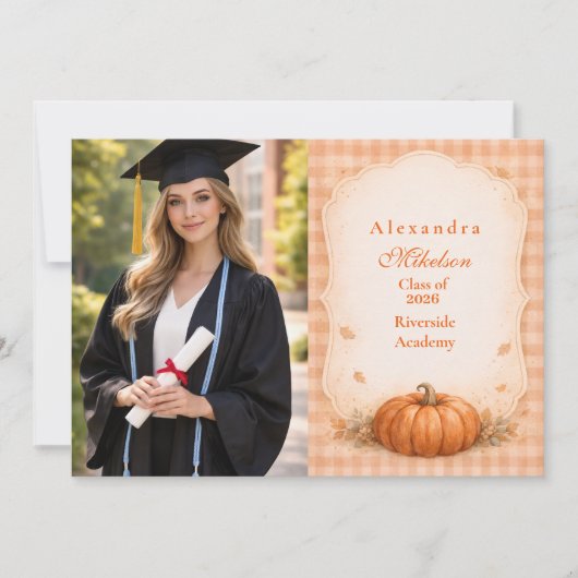 Photo Rustic Gingham Pumpkin Fall Graduation 案内状 (正面)