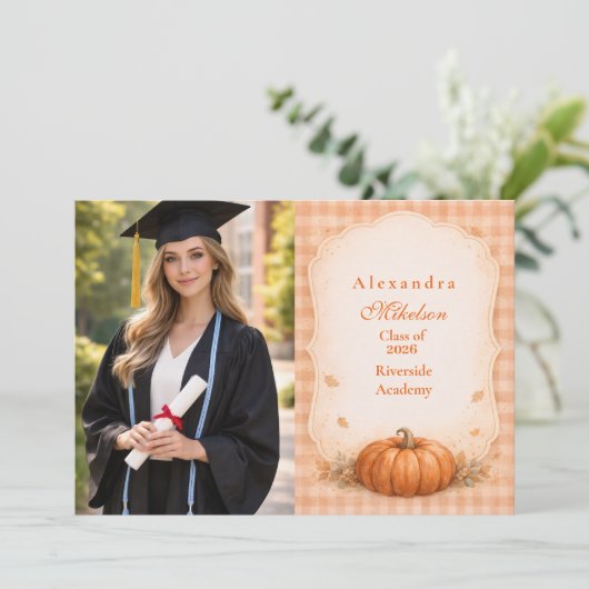 Photo Rustic Gingham Pumpkin Fall Graduation 案内状 (スタンド正面)