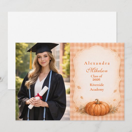 Photo Rustic Gingham Pumpkin Fall Graduation 案内状 (正面/裏面)
