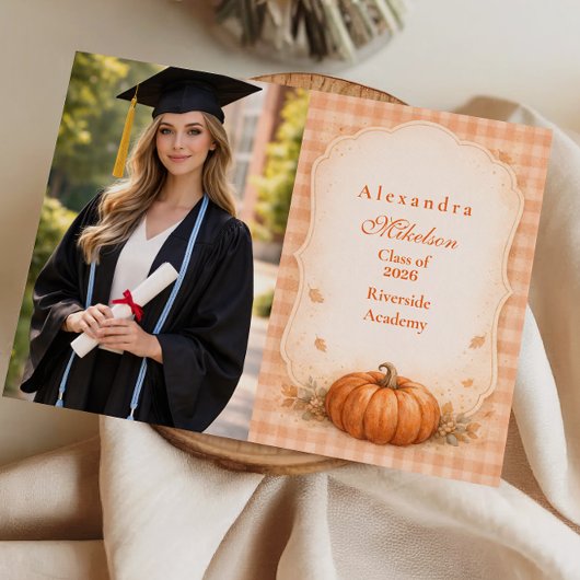 Photo Rustic Gingham Pumpkin Fall Graduation 案内状