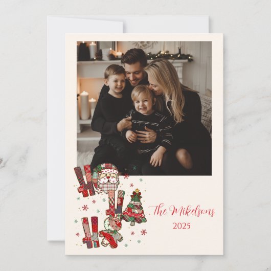Photo Rustic Patchwork Ho Ho Ho Christmas シーズンカード (正面)
