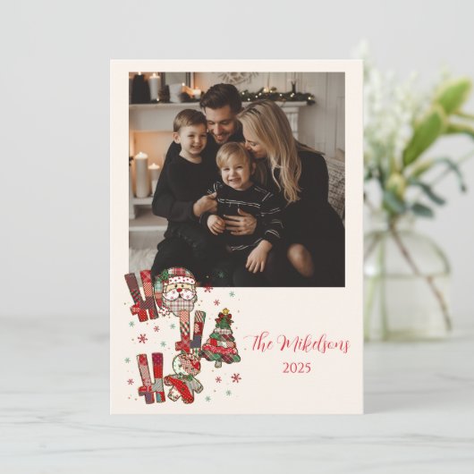 Photo Rustic Patchwork Ho Ho Ho Christmas シーズンカード (スタンド正面)