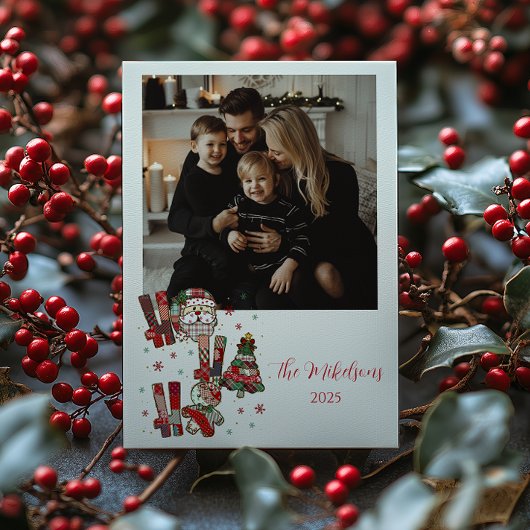 Photo Rustic Patchwork Ho Ho Ho Christmas シーズンカード