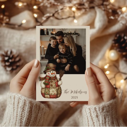 Photo Rustic Patchwork Snowman Christmas シーズンカード
