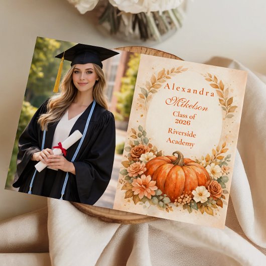 Photo Rustic Pumpkin Floral Fall Graduation 案内状