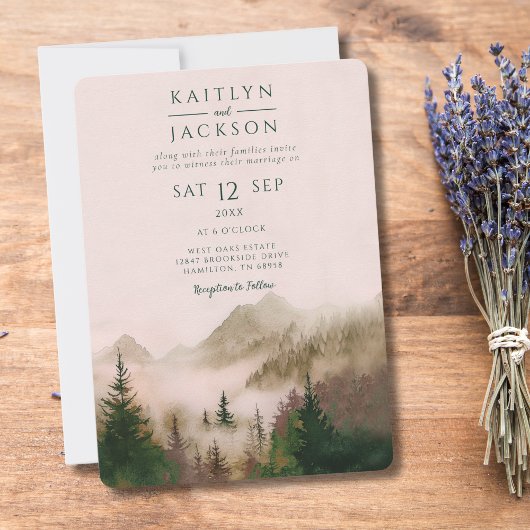 Photo Rustic Watercolor Mountain Wedding 招待状