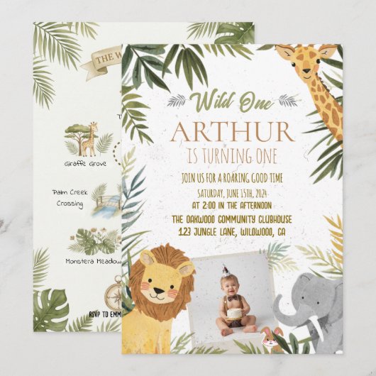 Photo Safari Wild One 1st Birthday Invite 招待状 (正面/裏面)