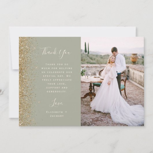 Photo Sage Green Gold Glitter Script Wedding サンキューカード (正面)