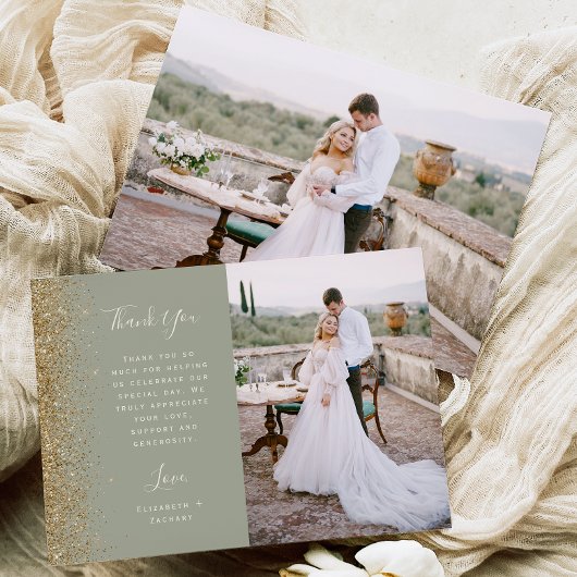 Photo Sage Green Gold Glitter Script Wedding サンキューカード