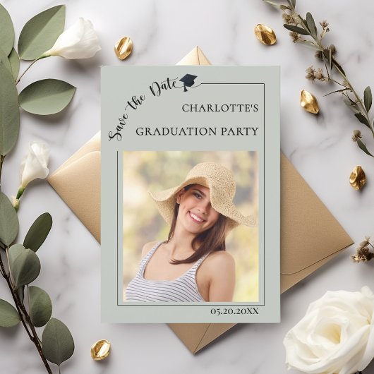 Photo sage green Graduation party Save the Date セーブザデート