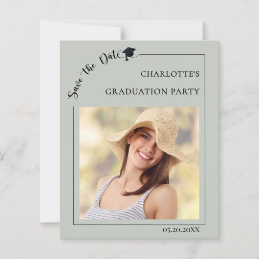 Photo sage green Graduation Save the Date card (正面)