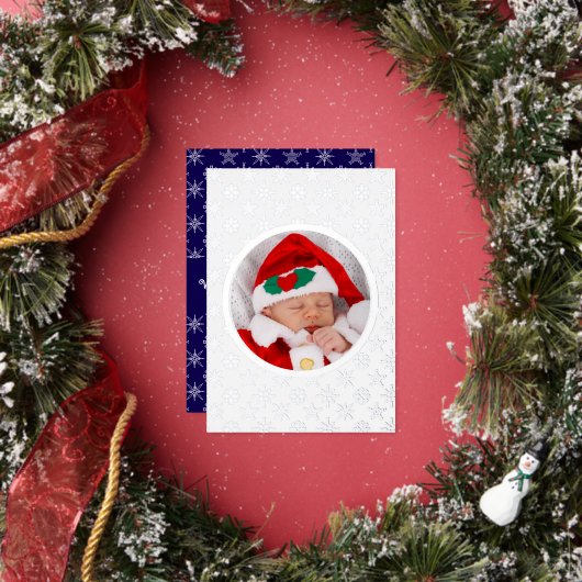Photo Santa Baby Snowflakes White Silver Blue BKGD 箔シーズンカード (インサイチュ)