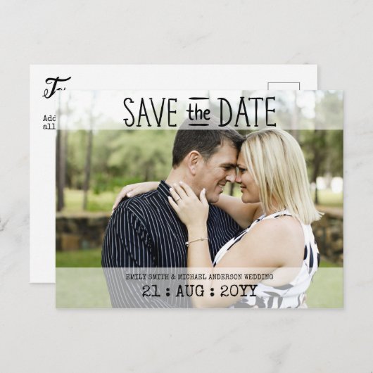 PHOTO Save the Dateはがき – モダンタイポグラフィ 案内ポストカード (正面/裏面)