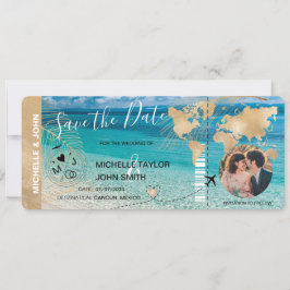 Photo Save the Date Boarding Pass World Mapビーチ 招待状