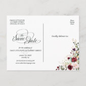 Photo Save the Date with Burgundy, Pink flowers 案内ポストカード (裏面)