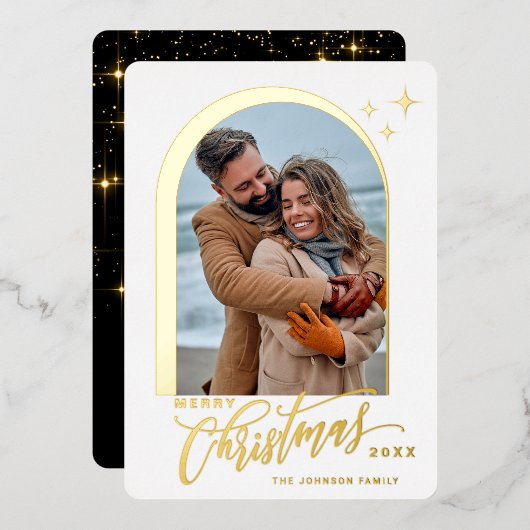 PHOTO Simple Sparkleエレガント Christmasバラ金ゴールド 箔シーズンカード (正面/裏面)