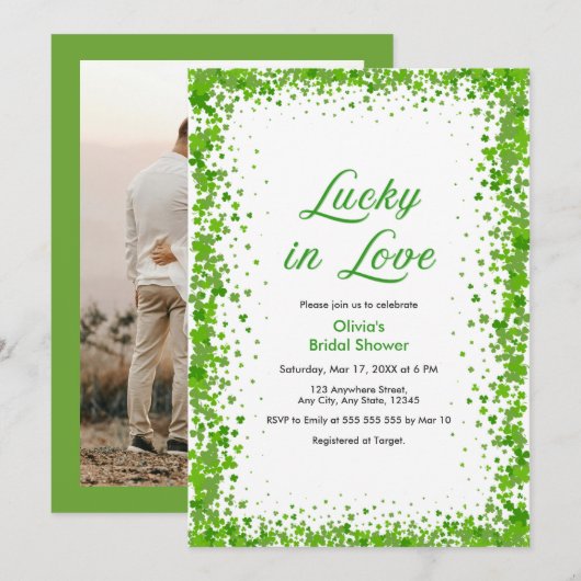 Photo St Patrick's Day Lucky in Love Bridal Shower 招待状 (正面/裏面)