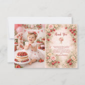 Photo Strawberry Garden Floral 1st Birthday サンキューカード (正面)