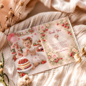 Photo Strawberry Garden Floral 1st Birthday サンキューカード