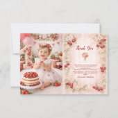 Photo Sweet Cherry Floral First Birthday 1st Birth サンキューカード (正面)