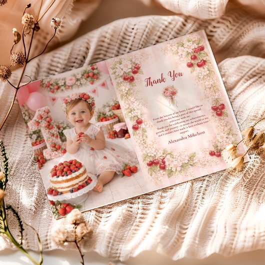 Photo Sweet Cherry Floral First Birthday 1st Birth サンキューカード