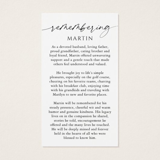 Photo Sympathy Funeral Remembrance Prayer Card (裏面)