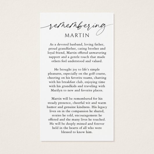 Photo Sympathy Memorial Remembrance Prayer Card (裏面)