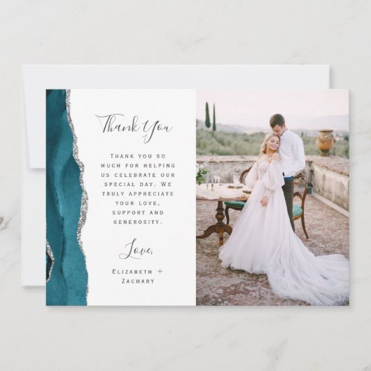 Photo Teal Blue Agate Silver Script Wedding サンキューカード (正面)