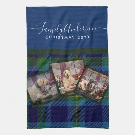 PHOTO TEATOWEL – ミラータータンチェックブルークリスマスプレゼント キッチンタオル (縦)