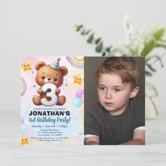 Photo Teddy Bear Birthday 3rd for Boys 招待状 (スタンド正面)