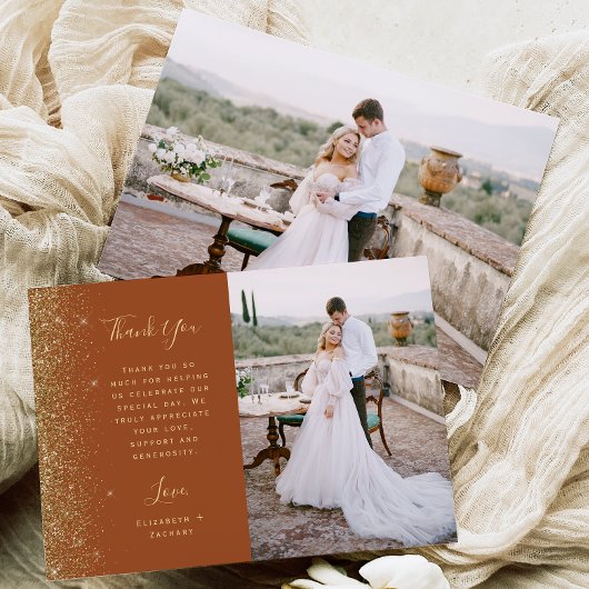 Photo Terracotta Gold Glitter Script Wedding サンキューカード