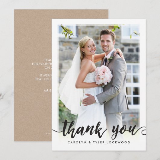 PHOTO THANK YOU CUTE hand lettered script black サンキューカード (正面/裏面)