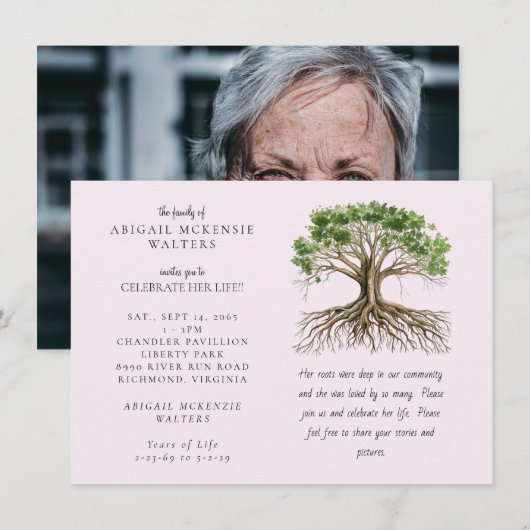 Photo Tree Deep Roots Pink Celebration of LIfe 招待状 (正面/裏面)