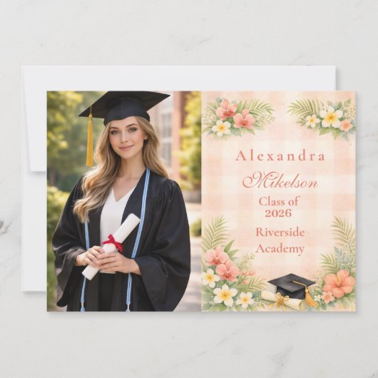 Photo Tropical Gingham Floral Graduation 案内状 (正面)