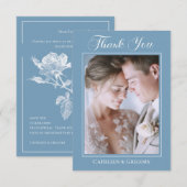 Photo Upload Dusty Blue Floral Wedding Calligraphy サンキューカード (正面/裏面)