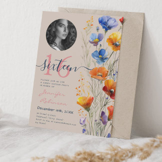 PHOTO Water color Wildflowers Sweet 16シャンパン 招待状