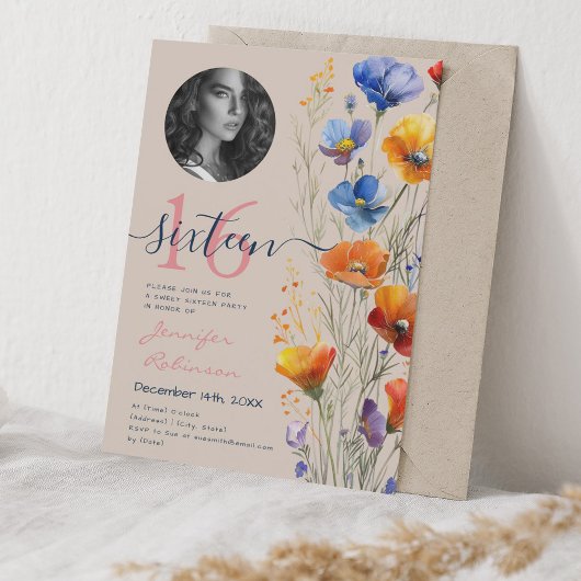 PHOTO Water color Wildflowers Sweet 16シャンパン 招待状