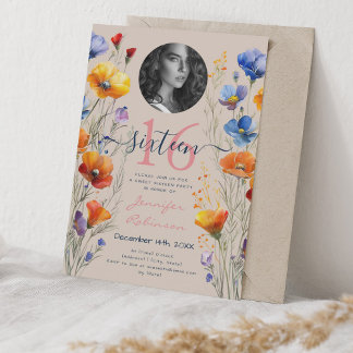 PHOTO Water color Wildflowers Sweet 16シャンパン 招待状