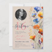 PHOTO Water color Wildflowers Sweet 16シャンパン 招待状 (正面)