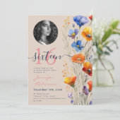 PHOTO Water color Wildflowers Sweet 16シャンパン 招待状 (スタンド正面)
